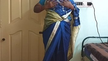 Indian Wife In Blue Saree Shows Big Boobs And Shaved Pussy